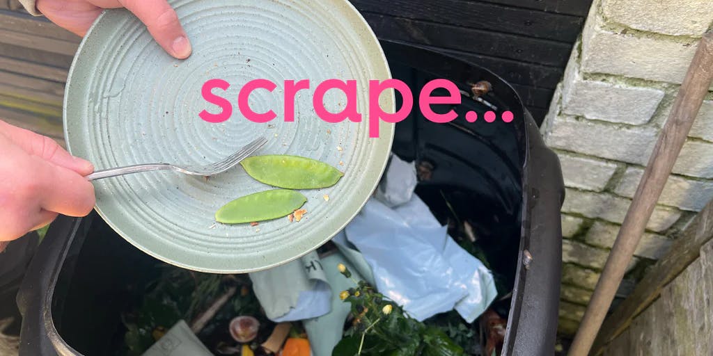 food scraped from a plate into a food waste container. text: scrape...