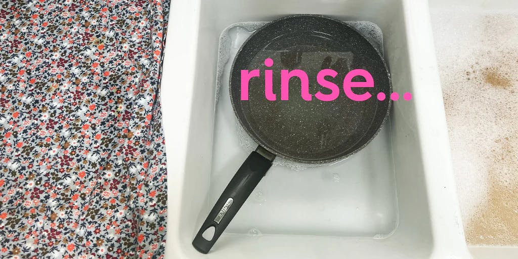 pan in sink of water to rinse the bubbles away. text: rinse...