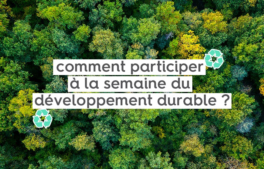 forêt d'arbres verts vue de haut avec le texte « comment participer à la semaine du développement durable ? » en police d'écriture gris foncé et surlignage blanc.