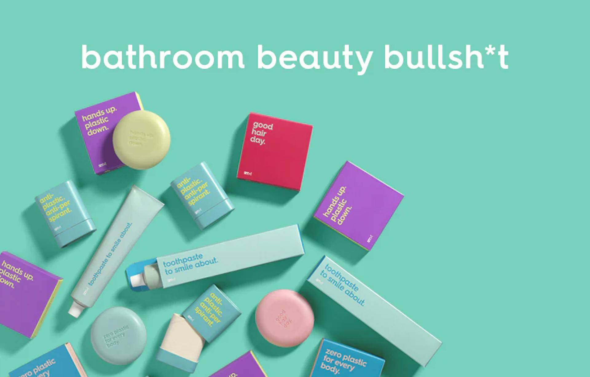 smol personal care products. text: bathroom beauty bullsh*t