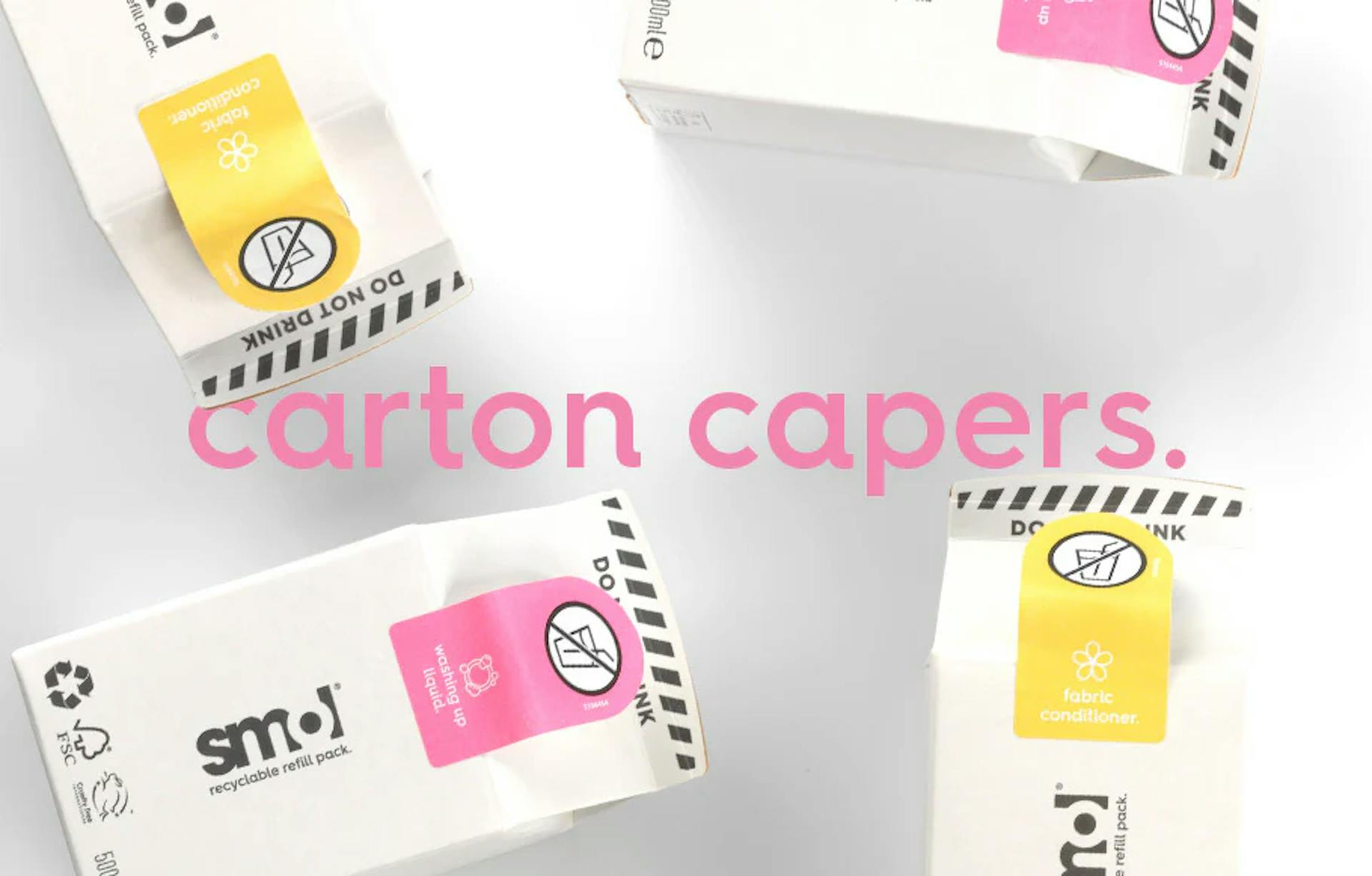 smol refill cartons. text: carton capers.