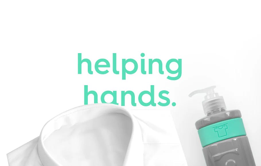 white shirt and smol laundry liquid. text: helping hands.
