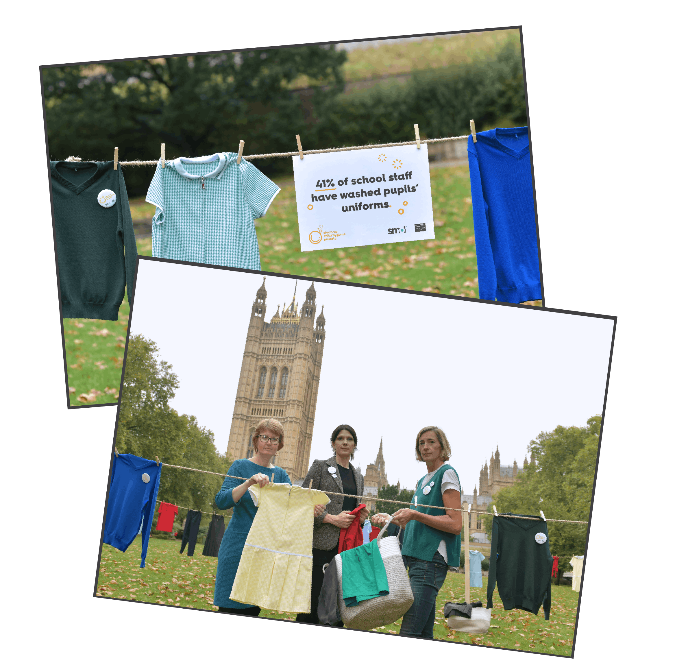 two photos of the smol team protest with a large washing line at parliament