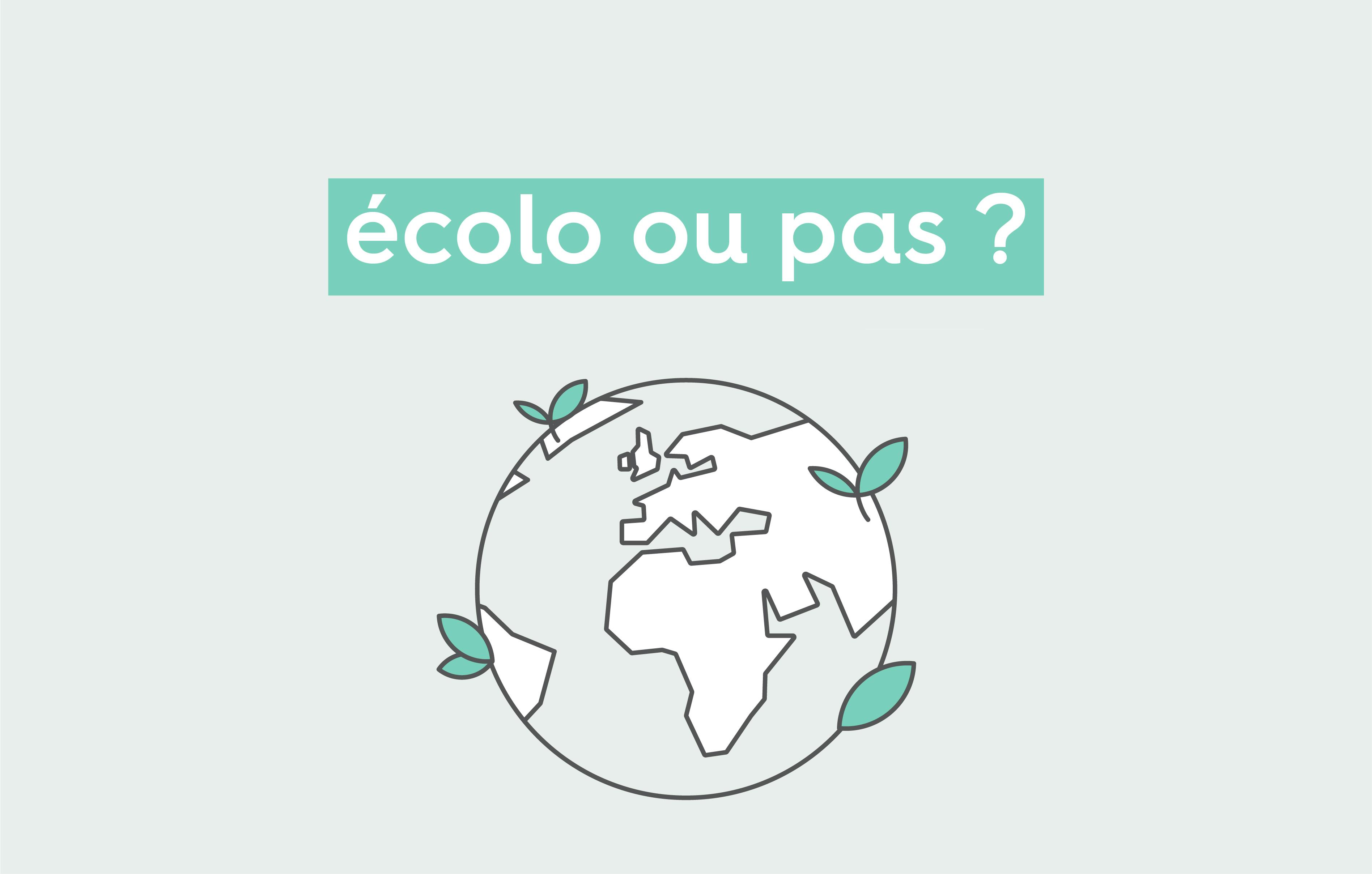 pictogramme d’un globe terrestre montrant l’Europe et l’Afrique recouvert de quelques pousses vertes sous le texte « écolo ou pas » ?