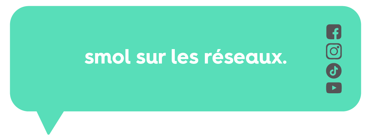 « smol sur les réseaux » sur bulle de dialogue à fond vert, à côté des logos des réseaux sociaux Facebook, Instagram, TikTok et Youtube »