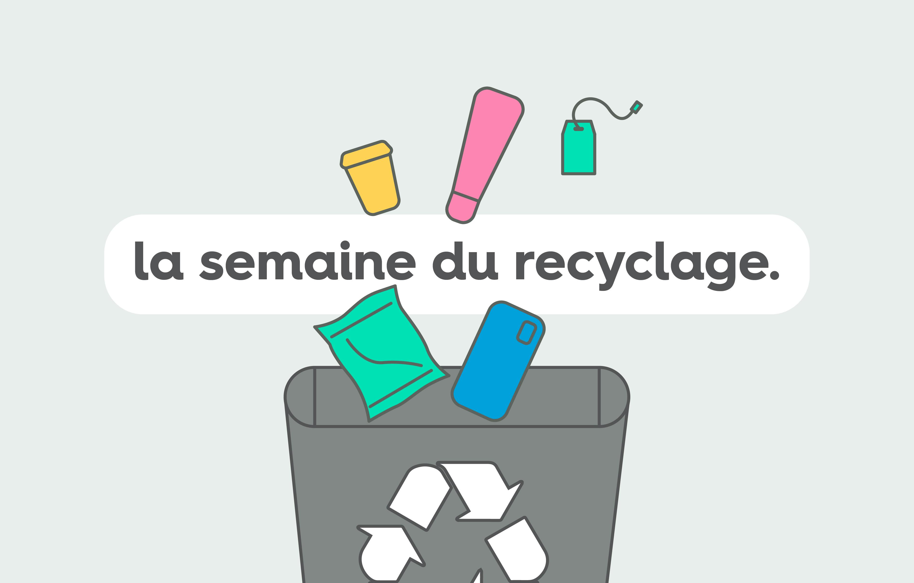 déchets tombant dans une poubelle et l’expression “la semaine du recyclage”.