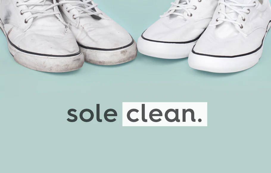 dirty shoes next to clean shoes. text: sole clean