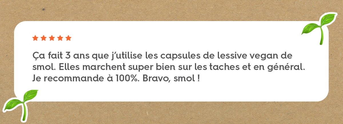 Ça fait 3 ans que j’utilise les capsules de lessive vegan de smol. Elles marchent super bien sur les taches et en général. Je recommande à 100%. Bravo, smol !