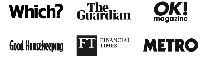 brand logos: which?, The Guardian, OK! magazine, Good Housekeeping, Financial Times, Metro