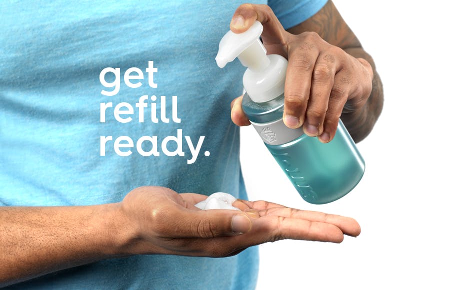 smol foaming handwash dispensed on a hand. text: get refill ready
