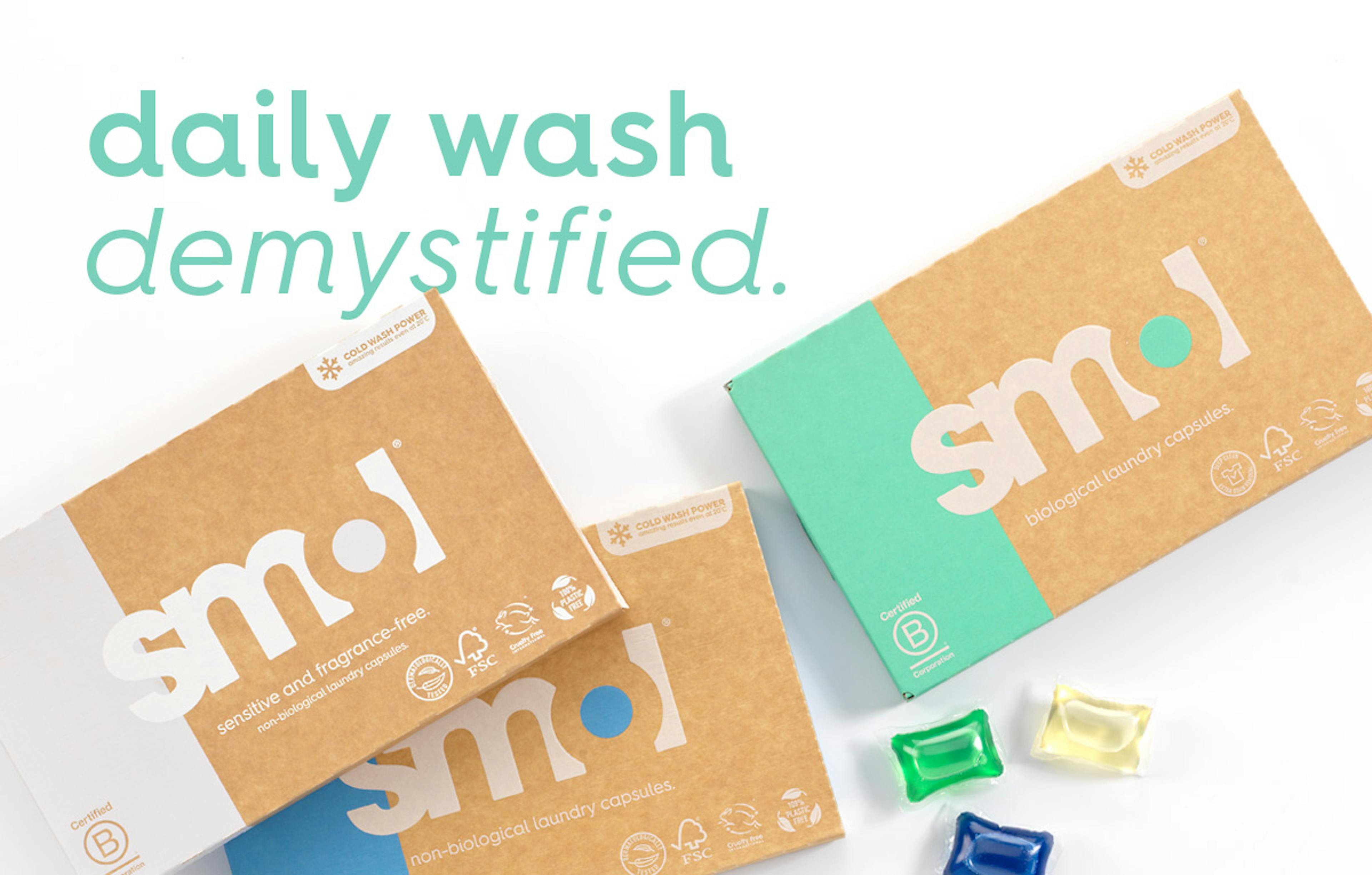 packs of smol laundry capsules. text: daily way demystified