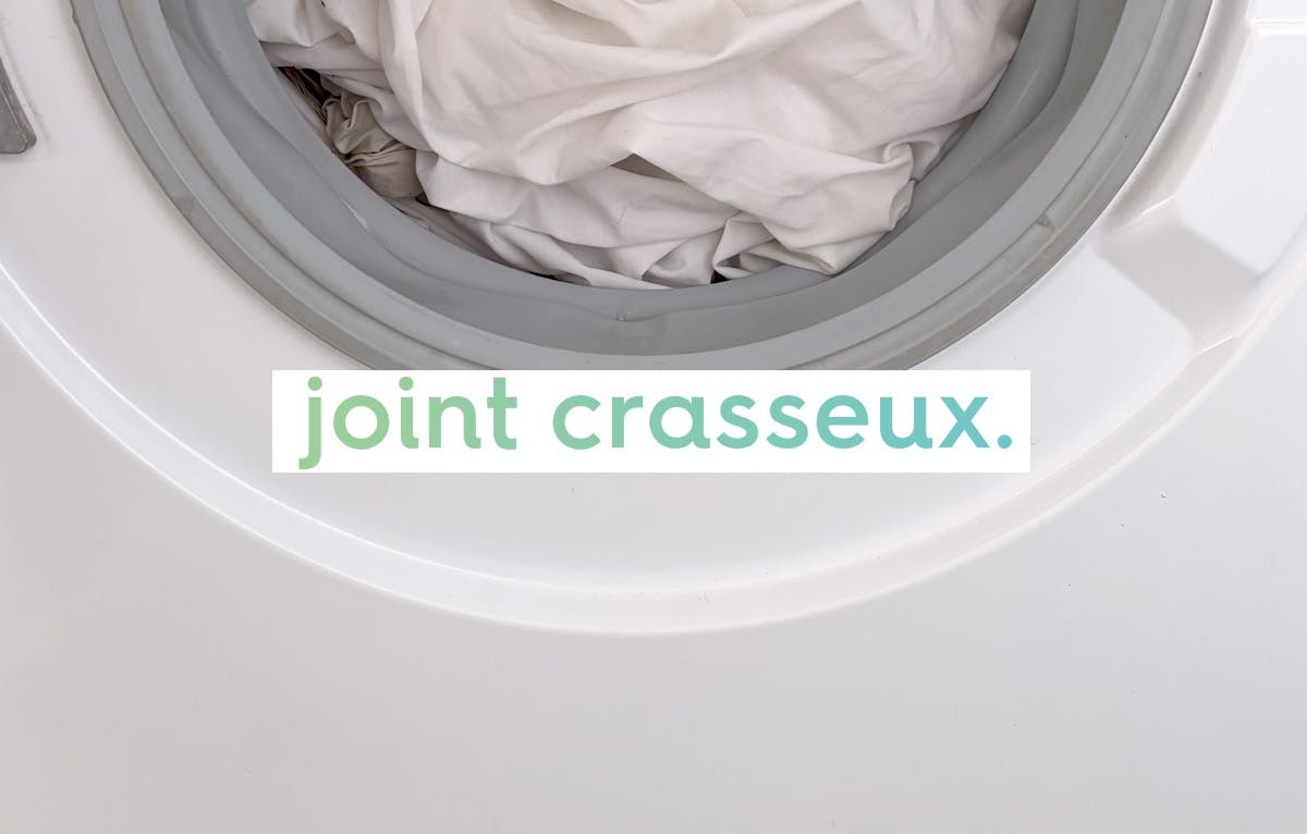 gros plan sur un joint de porte de machine à laver derrière le texte « joint crasseux » en police d'écriture dans un dégradé de vert et bleu sur fond blanc.