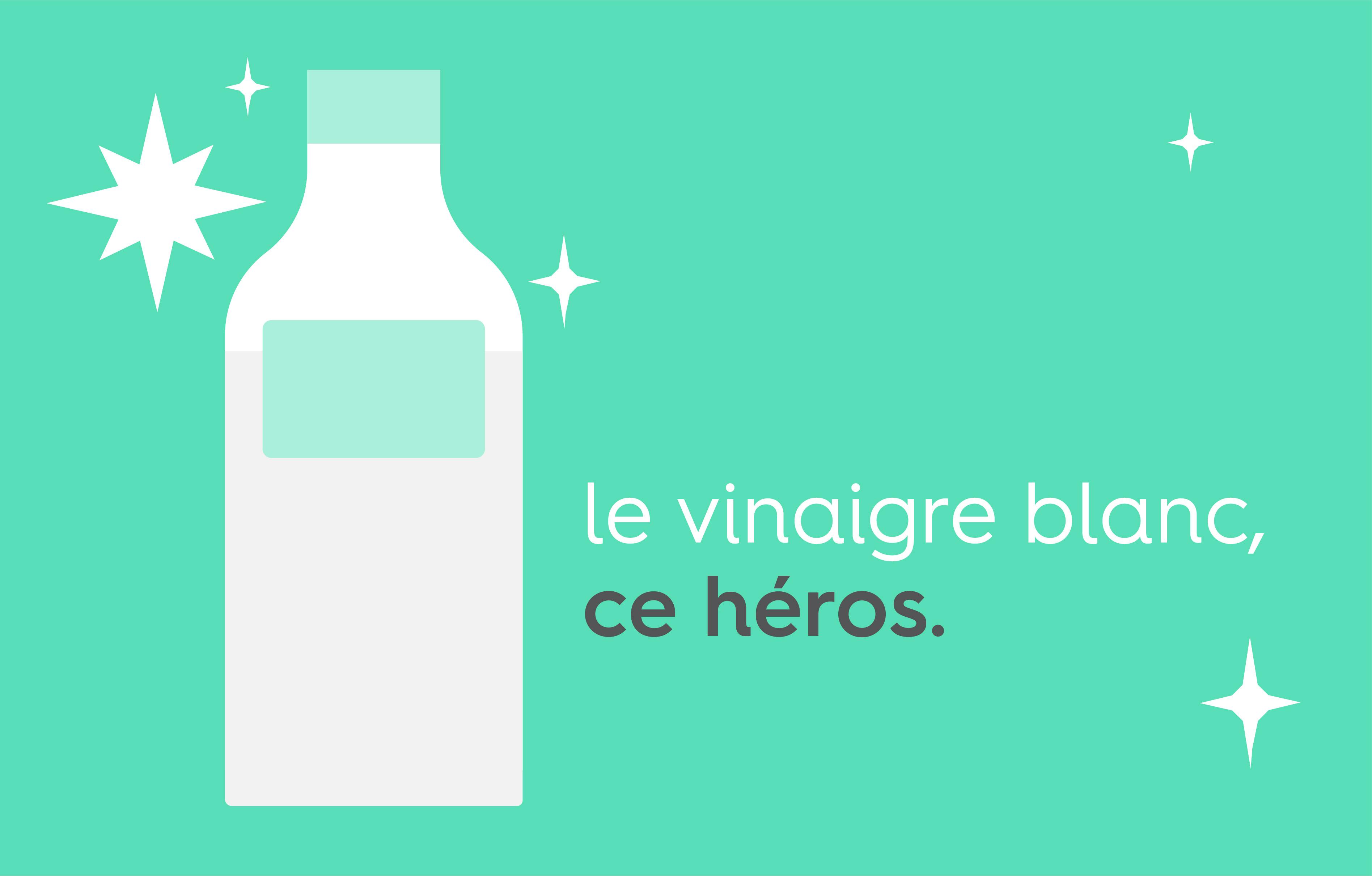le texte « le vinaigre blanc, ce héros. » en police d'écriture blanche puis grise foncée, à côté d'une illustraiton d'une bouteille de vinaigre ménager, le tout sur un fond vert.