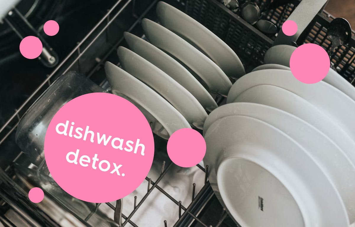 photo of a dishwasher rack filled with plates. Text: dishwash detox