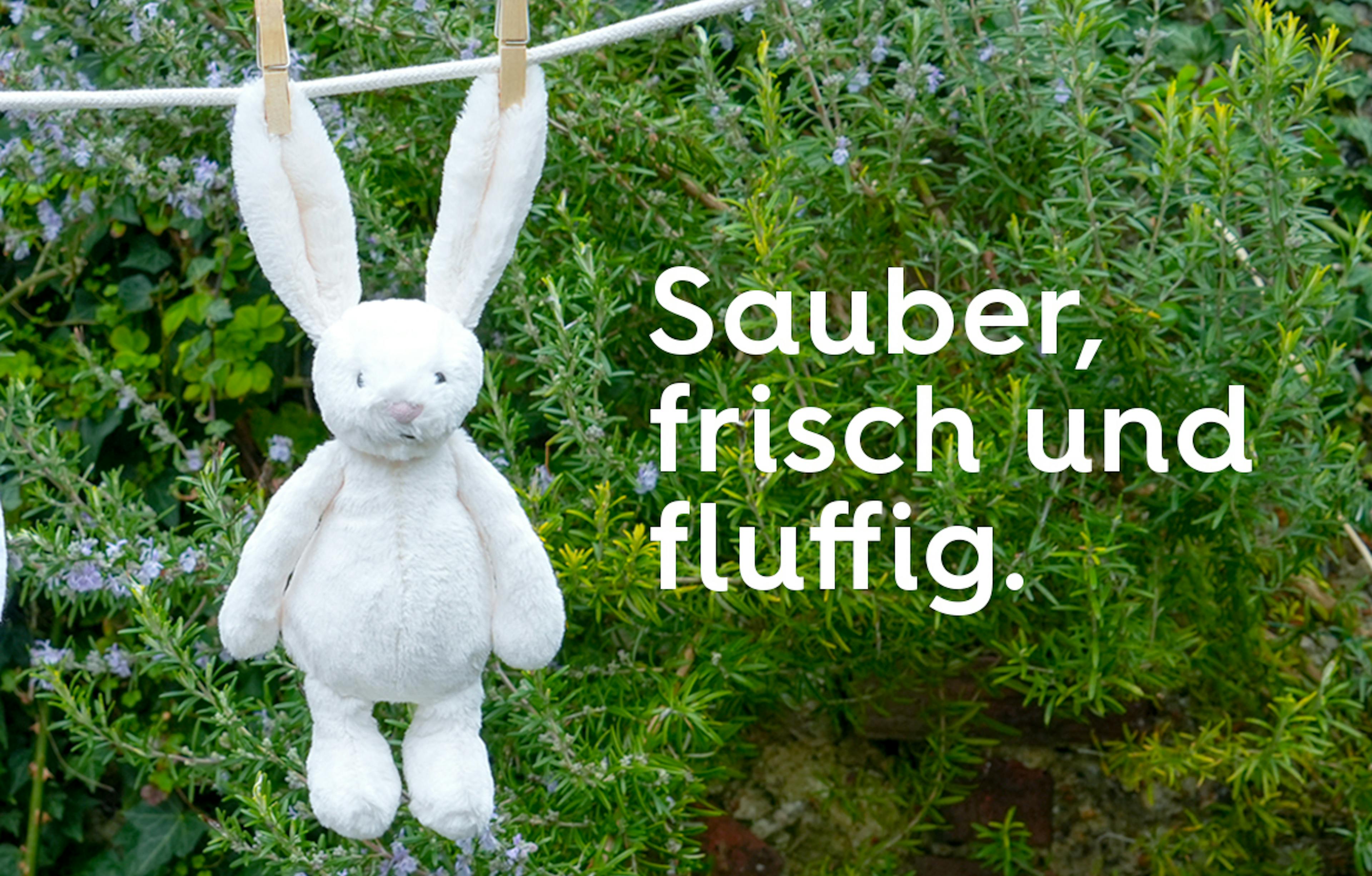 Bild von Plüschhase an Wäscheleine hängend, Text: sauber, frisch und fluffig.