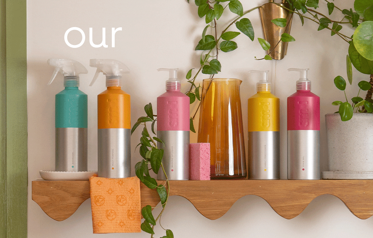 smol aluminum bottles lined up. text: our bottles have impact