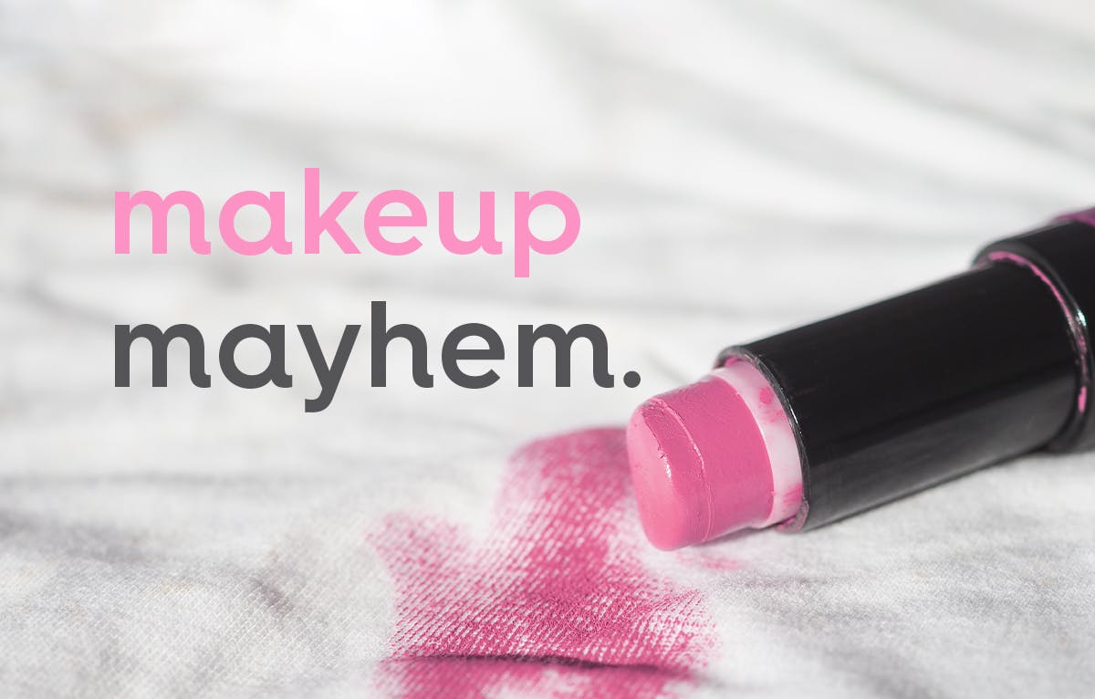 image of lipstick on white fabric with text overlay, text: makeup mayhem.