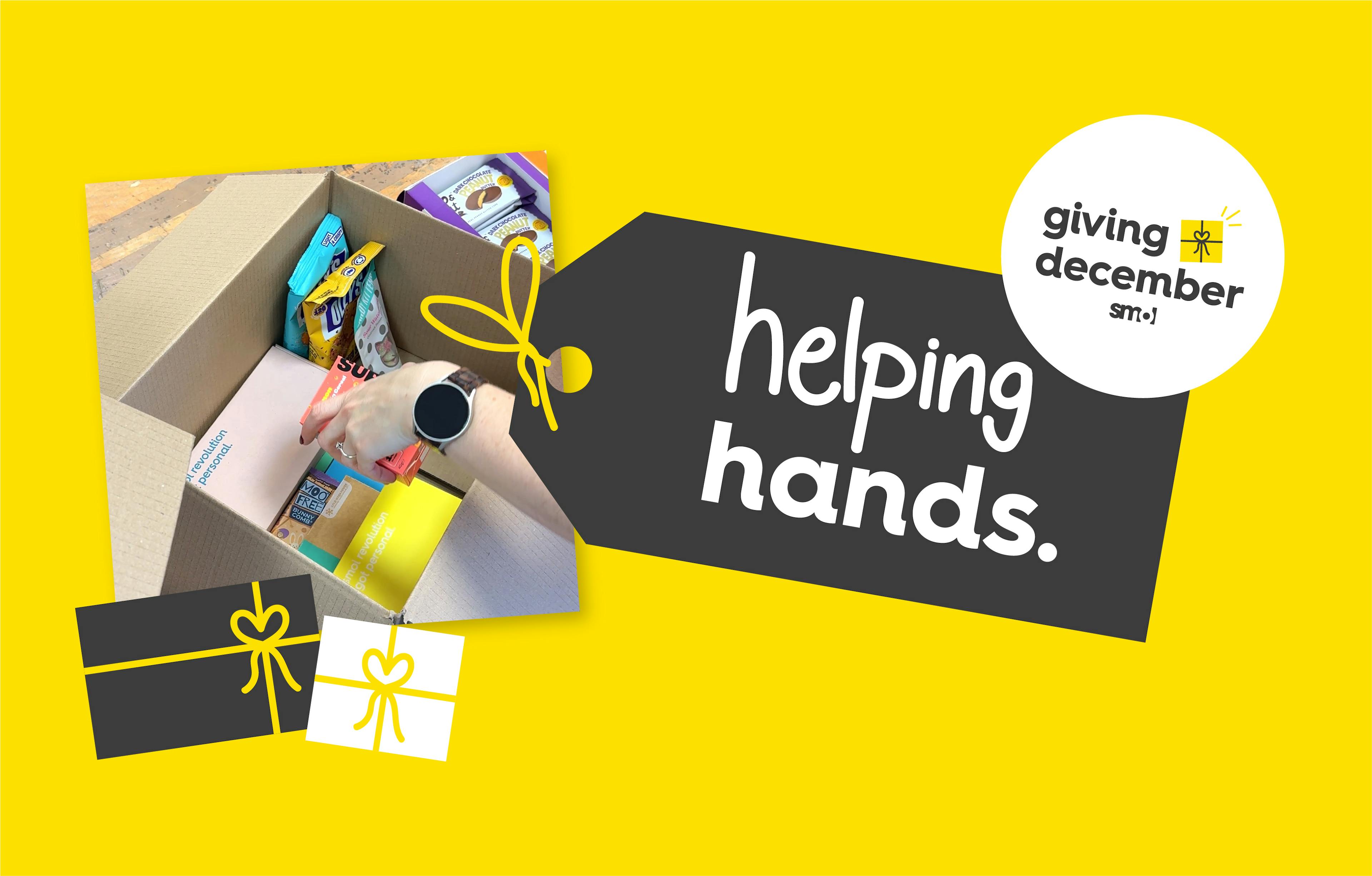 image of packing giving december boxes and illustrations of presents and gift tag with text, text: helping hands.