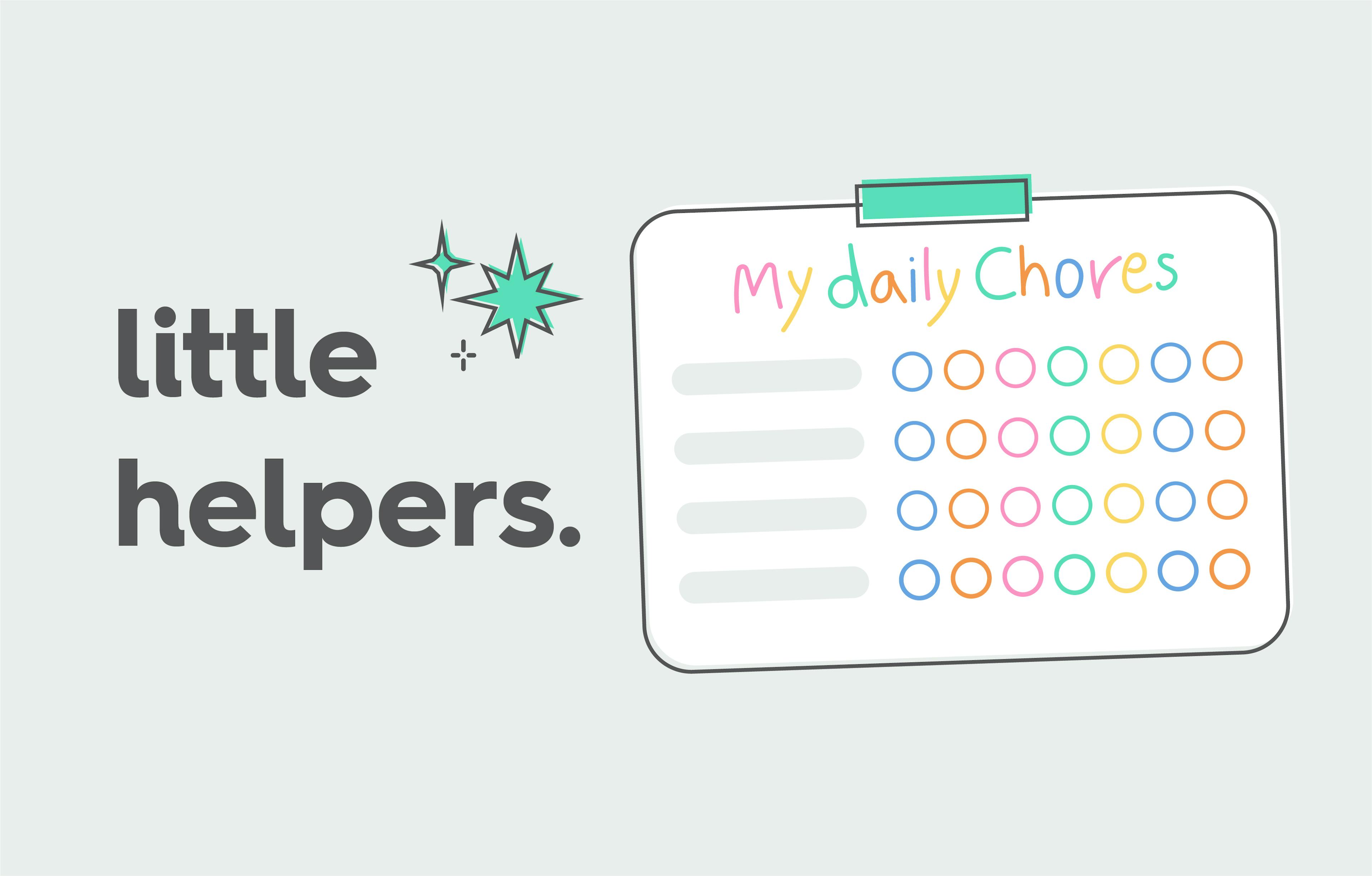 Illustration of a kids' chores board titeled with 'My daily Chores.' and a headline, headline: little helpers.