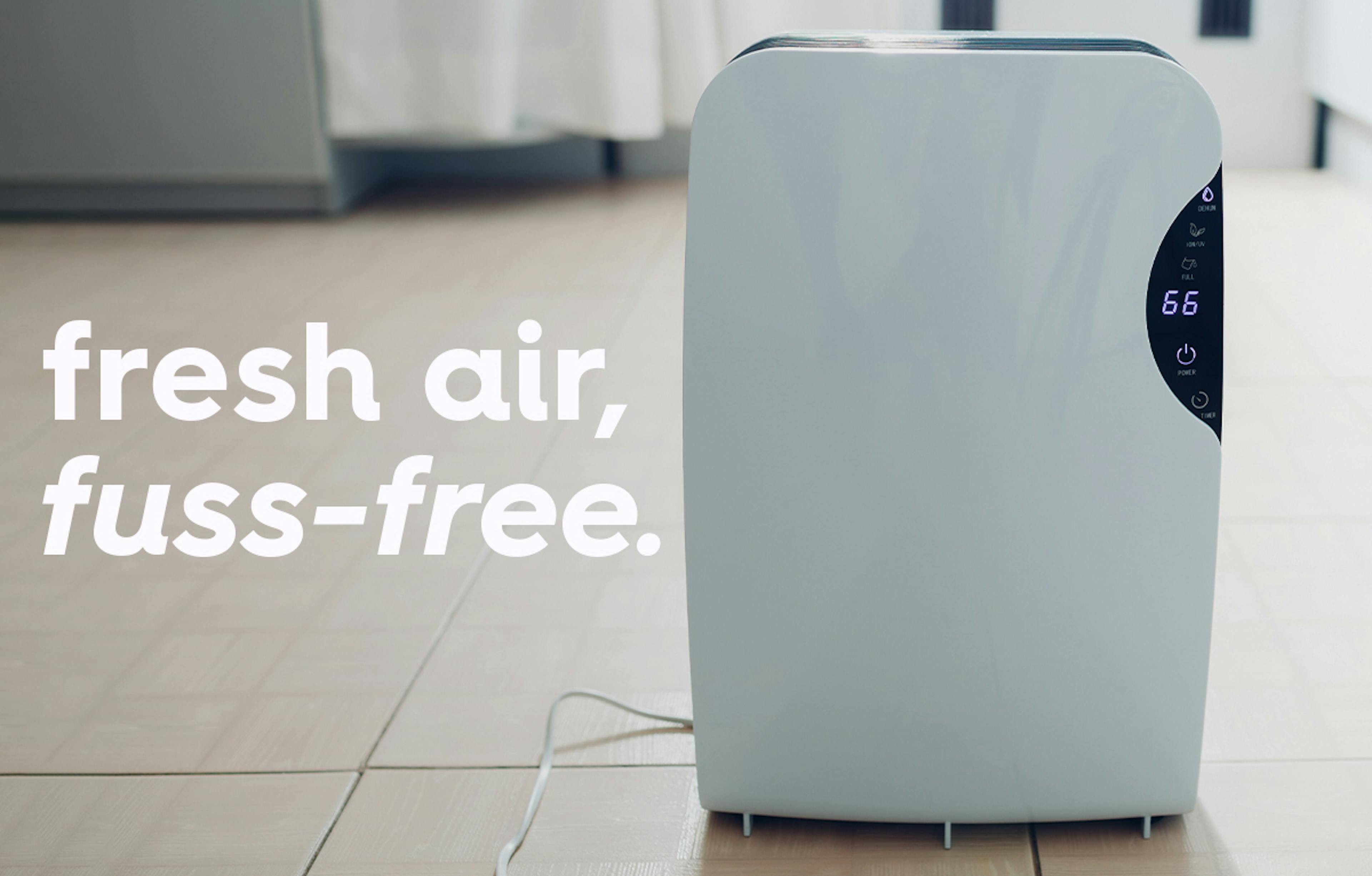 image of dehumidifier with text overlay, text: fresh air, fuss-free.