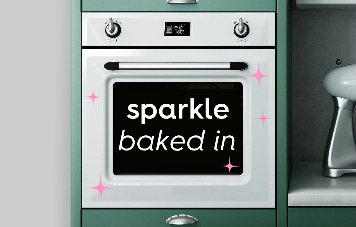 oven with text across the glass door. text: sparkle baked in