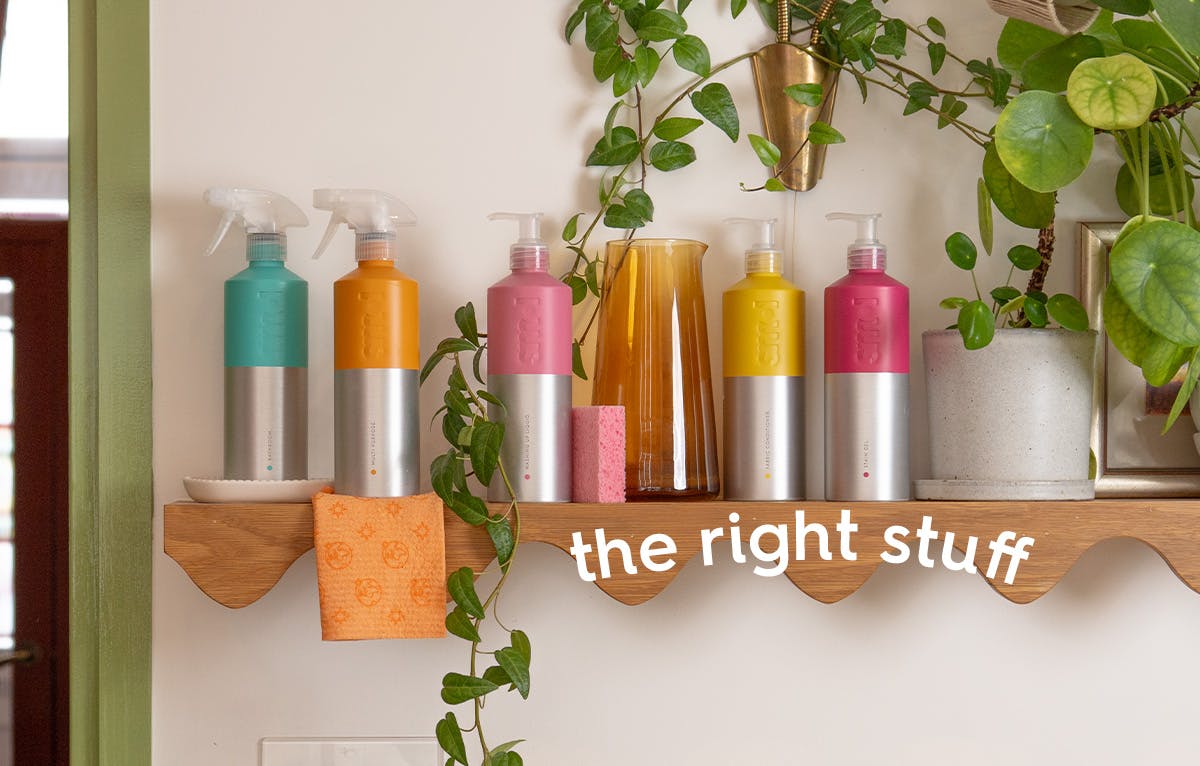 smol aluminium bottles lined up on a shelf. text: the right stuff