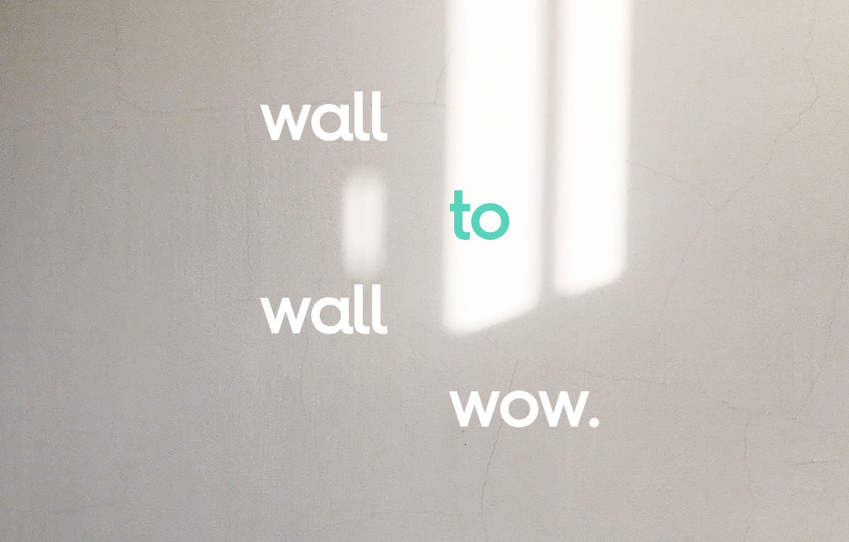 image of an interior white wall with sunlight shining over it. text: wall to wall wow