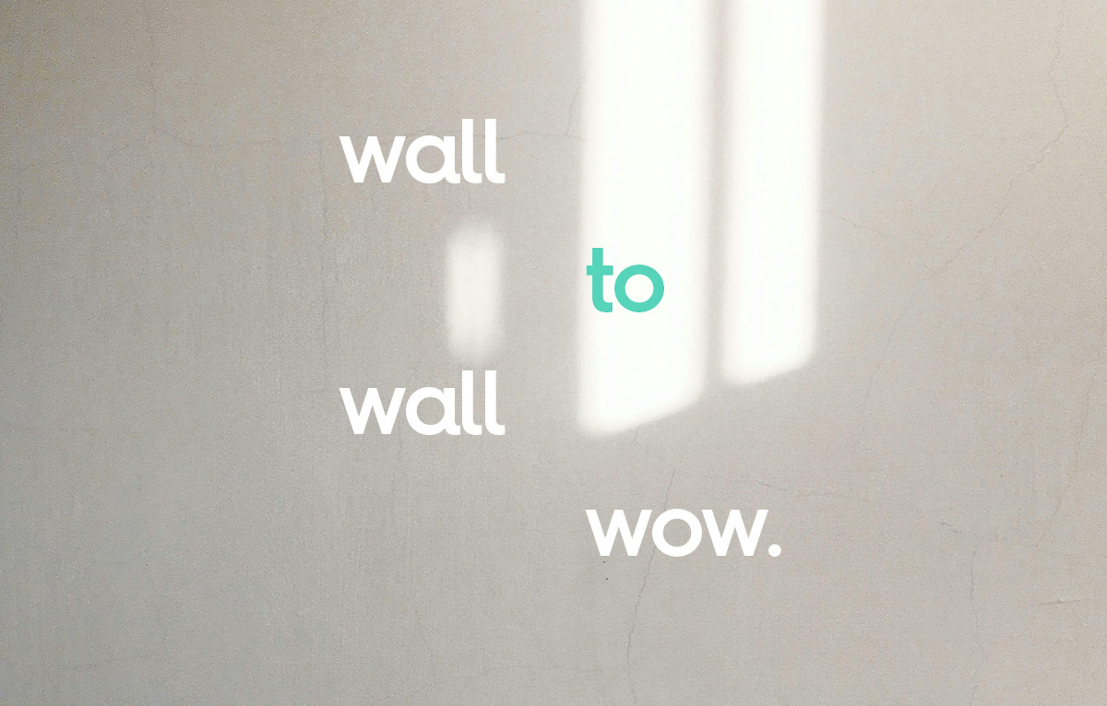 image of an interior white wall with sunlight shining over it. text: wall to wall wow