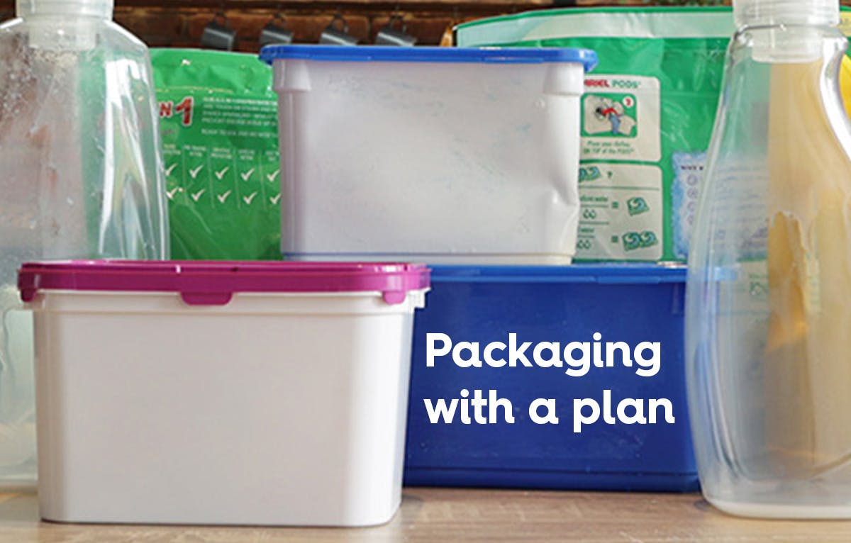 group of unbranded plastic bottles and packaging. text: packaging with a plan