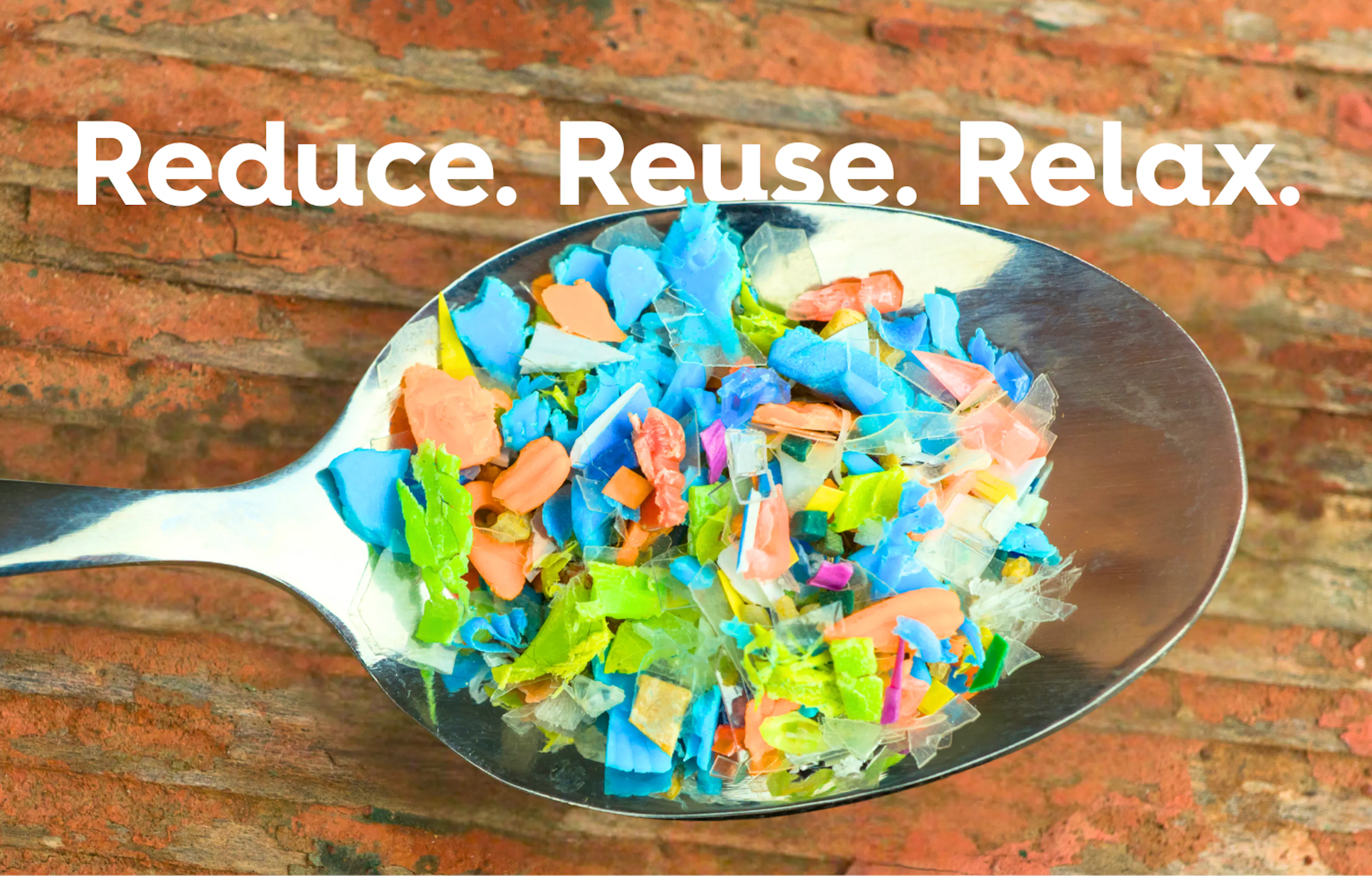 metal spoon with microplastics with text: reduce, reuse, relax