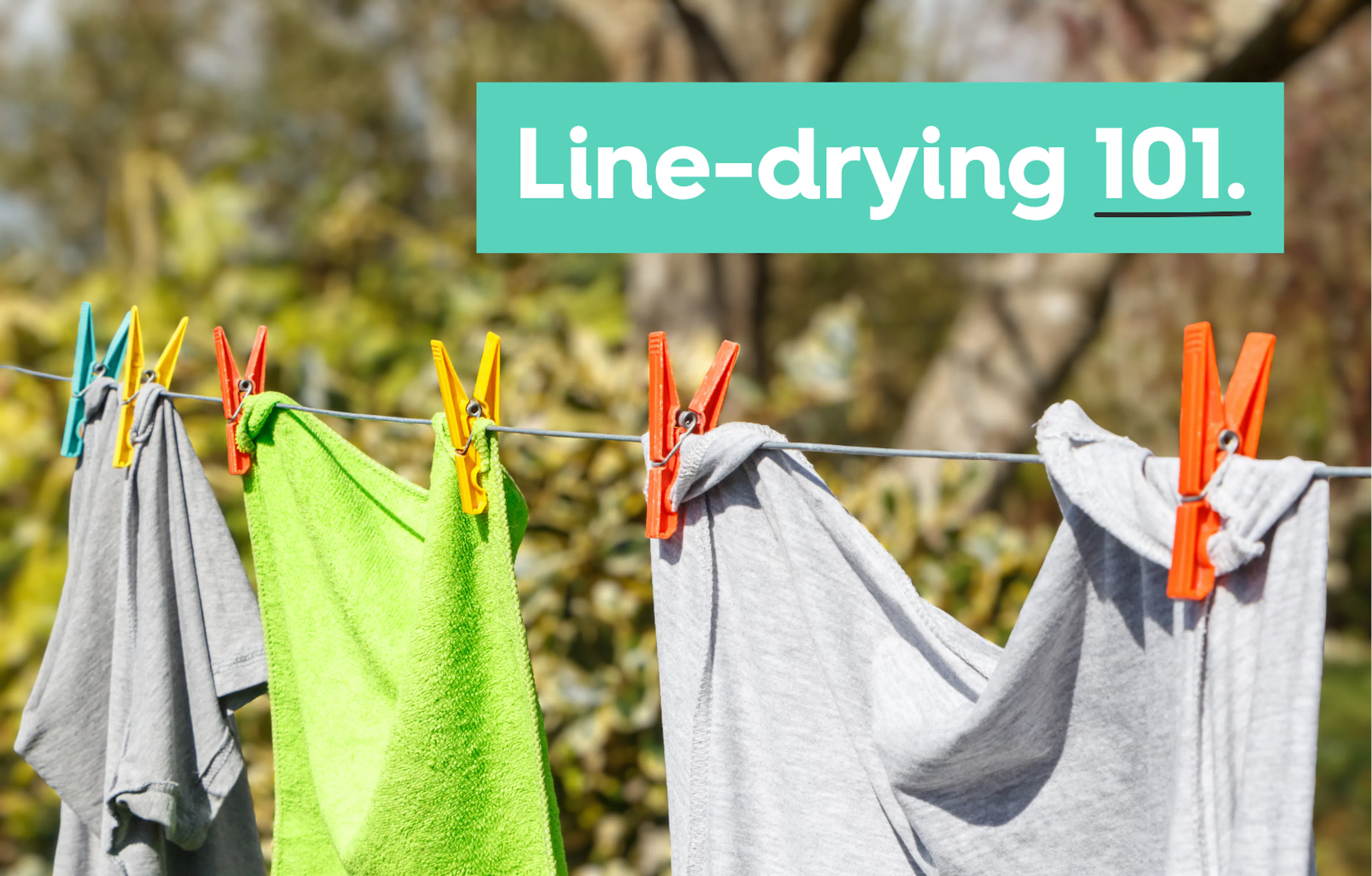 a washing line outdoors with 3 pieces of clothing, with text 'line drying 101' 