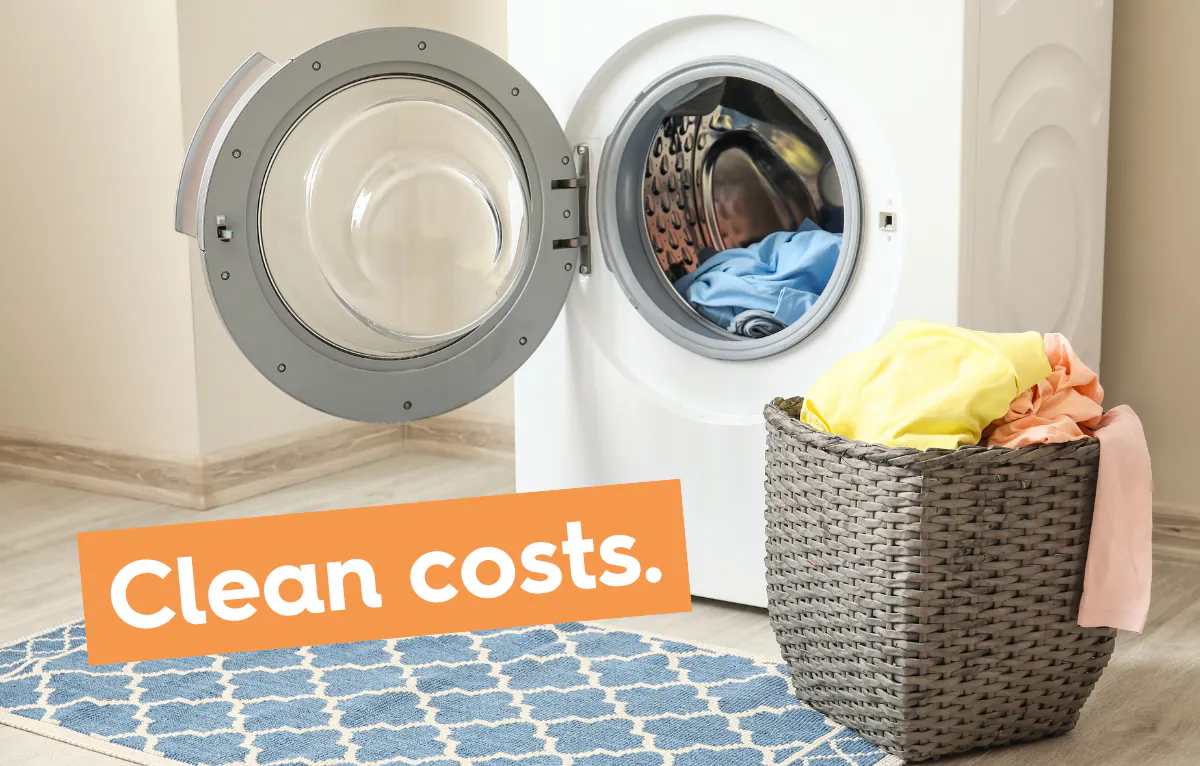 a washing machine and wash basket full of clothes, text reads: clean costs.