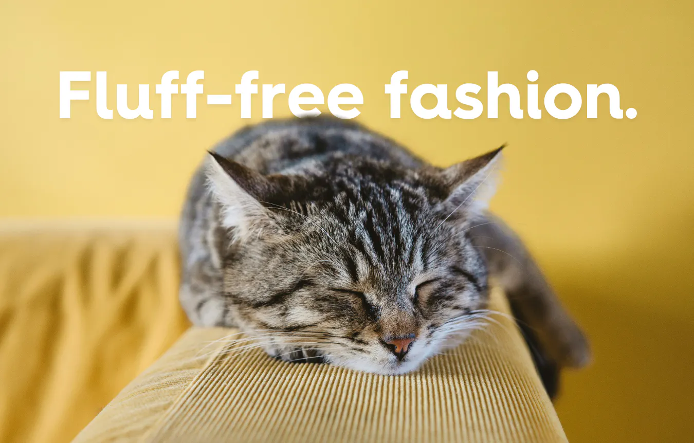 a tabby cat sleeping on a yellow sofa against a yellow background. text: fluff-free fashion.