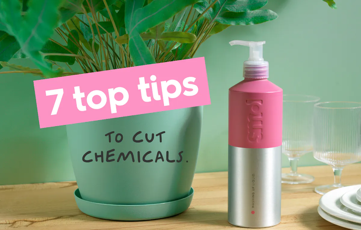 smol washing up liquid in aluminium bottle next to a house plant. text reads: 7 top tips to cut chemicals