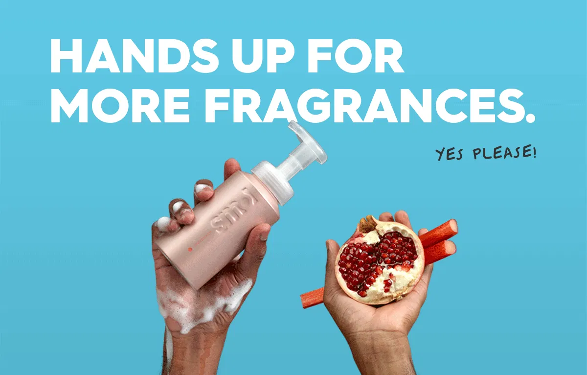 GIF of set of hands up in the air, one hand covered in foam the other holding fragrance ingredients with headline overlay, headline: Hands up for more fragrances. Yes please!