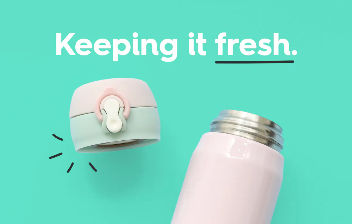 pink water bottle lid and bottle, text reads: keeping it fresh