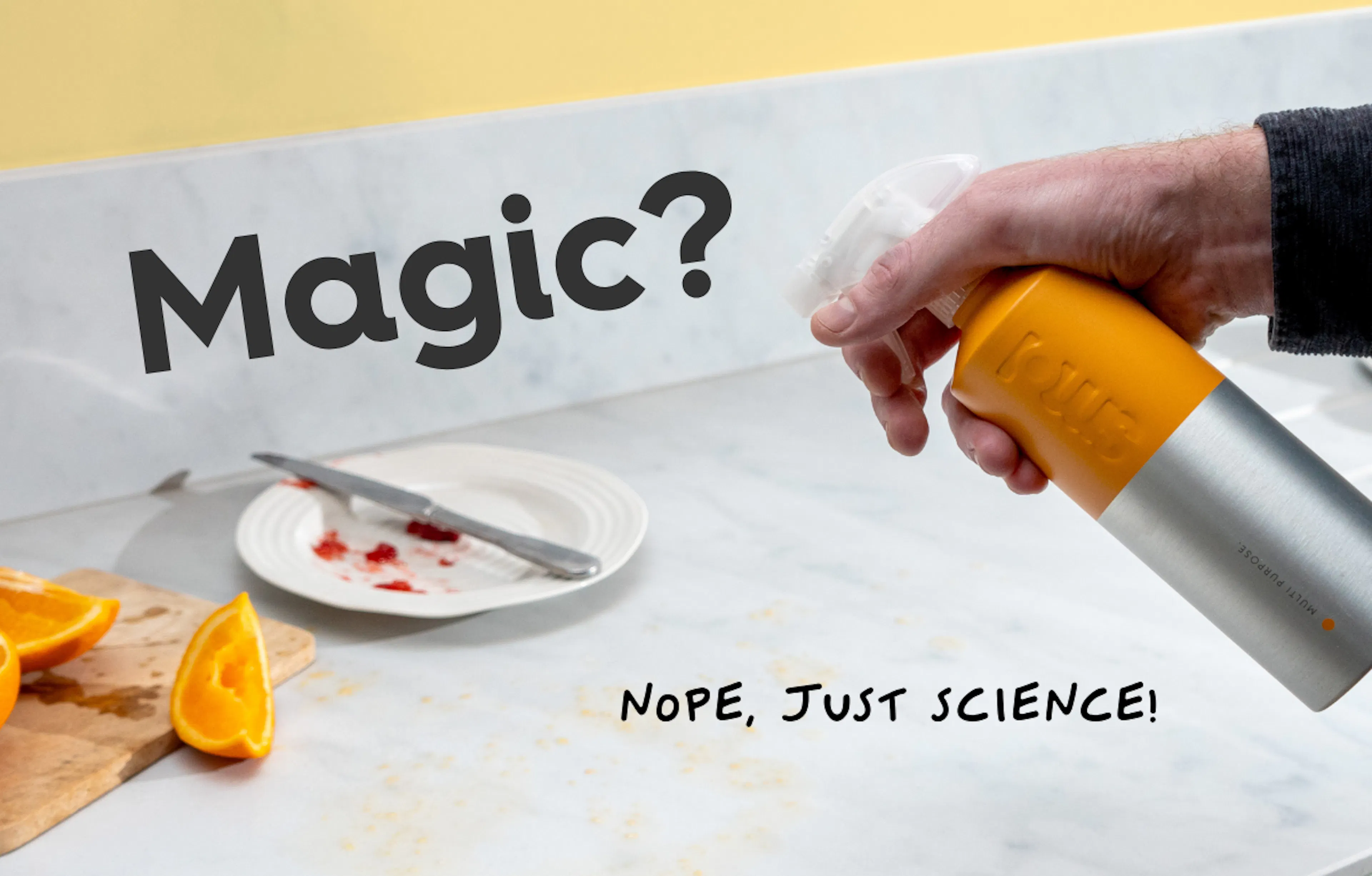 smol multipurpose spray used on a marble counter, text reads: magic? nope just science!