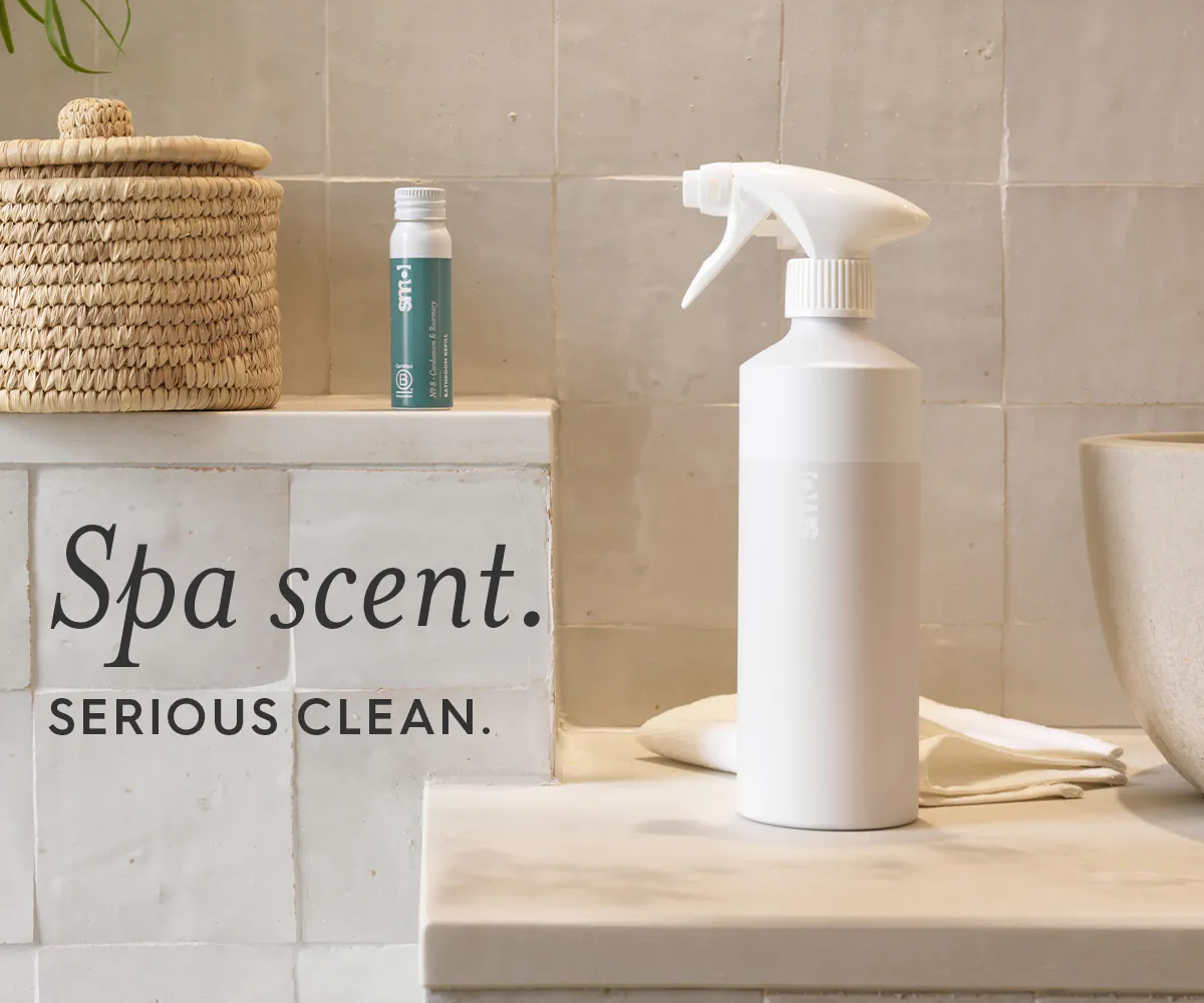 Bathroom reset spray, text: spa scent. serious clean.
