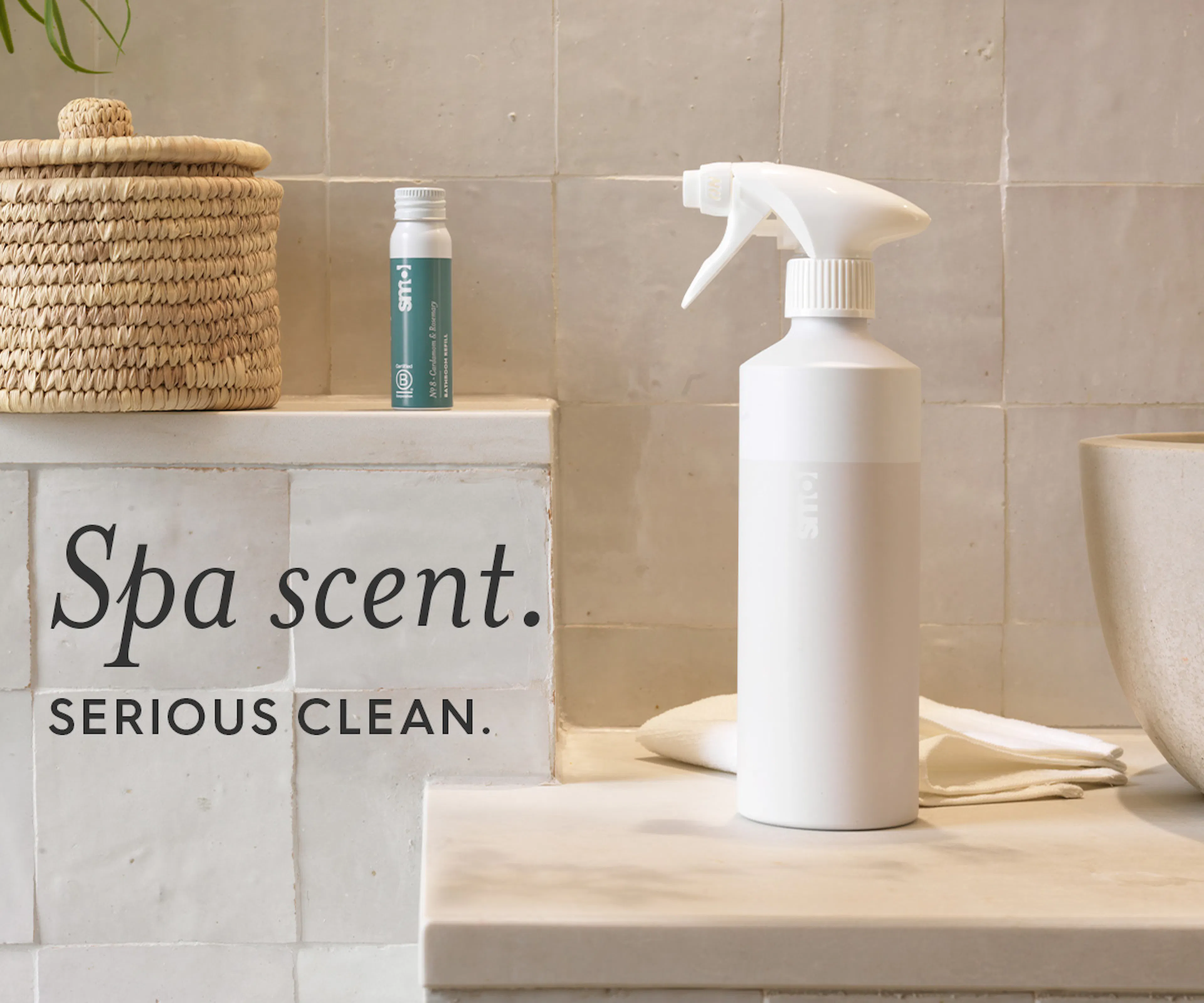 Bathroom reset spray, text: spa scent. serious clean. 