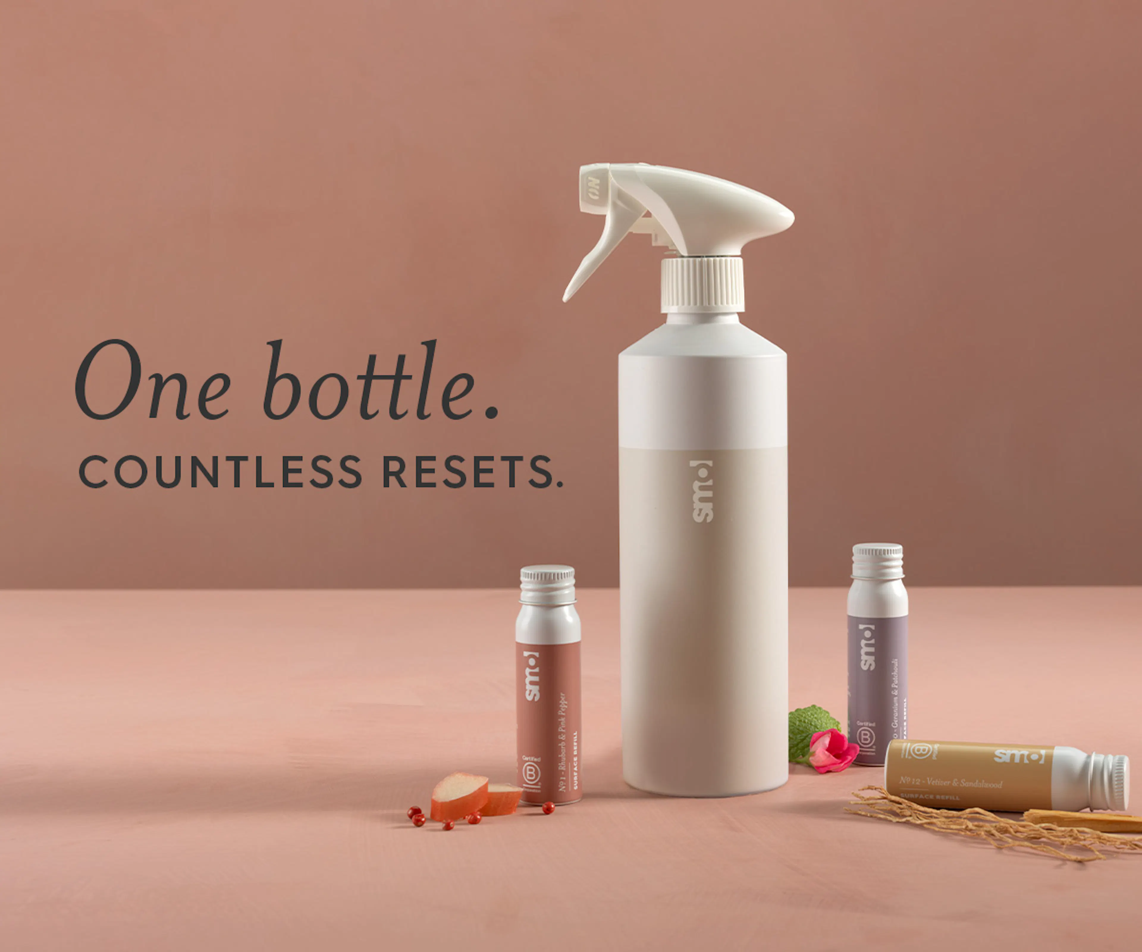 surface reset spray and refills. text: one bottle, countless resets. 