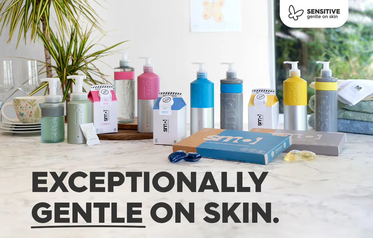 smol sensitive range, text: exceptionally gentle on skin