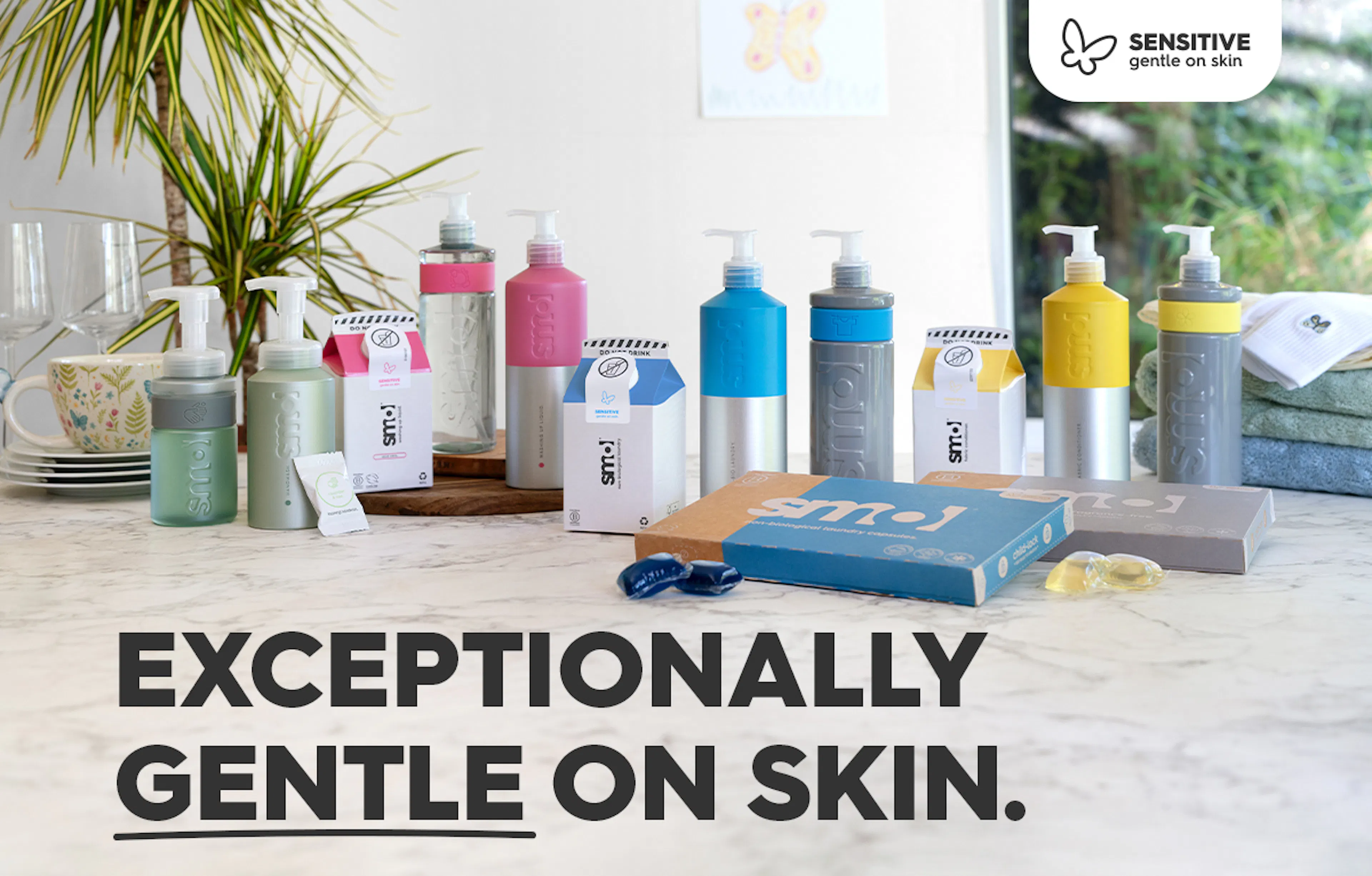 smol sensitive range, text: exceptionally gentle on skin
