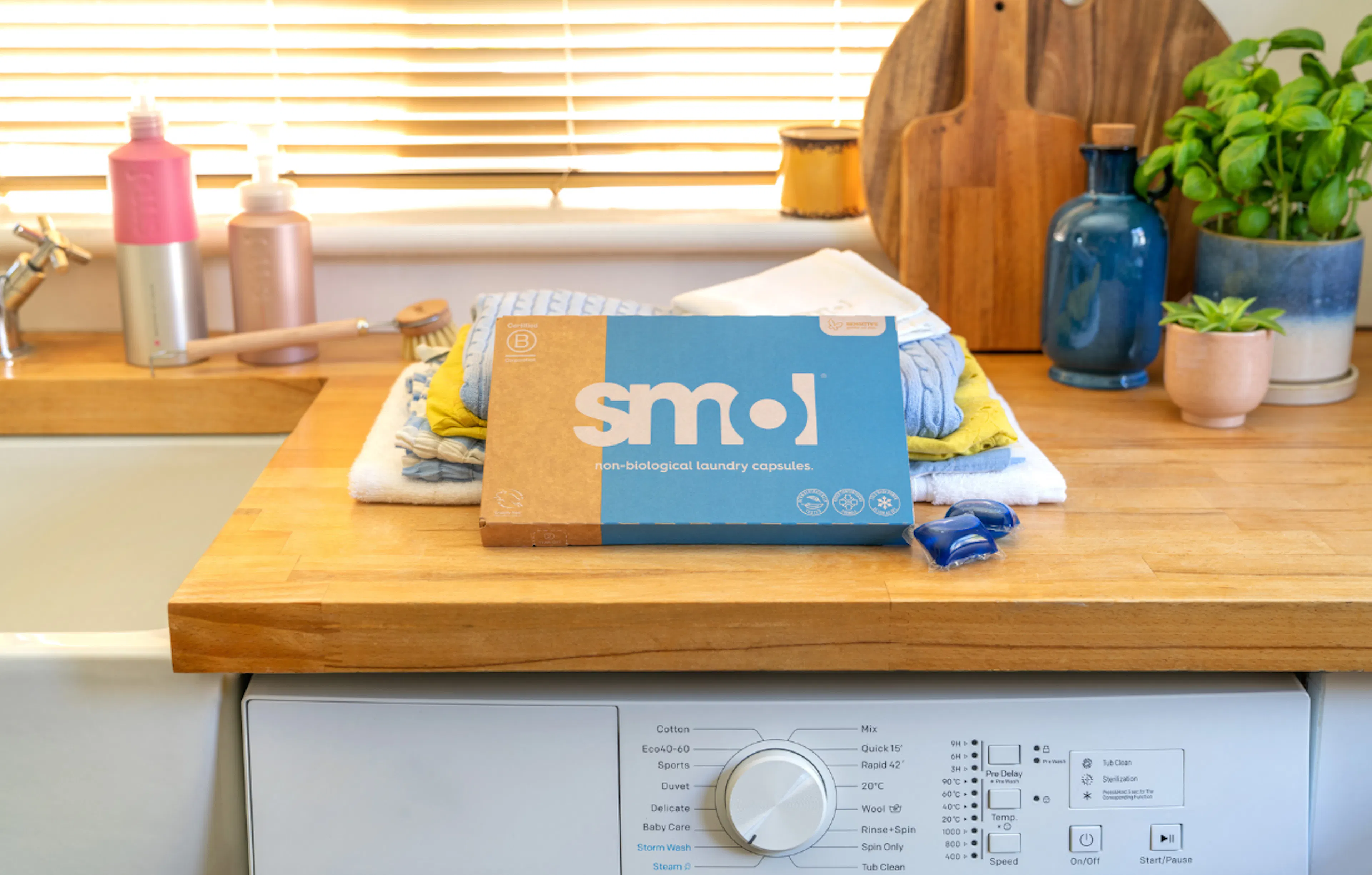 smol non bio laundry capsule box on kitchen worktop