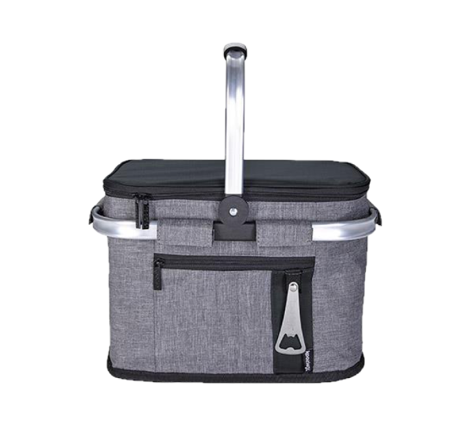 grey color picnic basket with black lid and handle upward