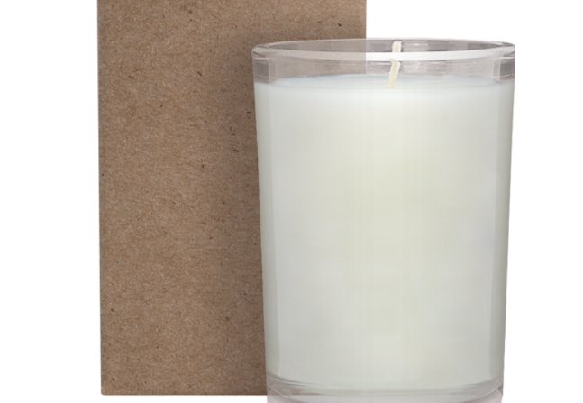 candle tumbler with brown cardboard in back