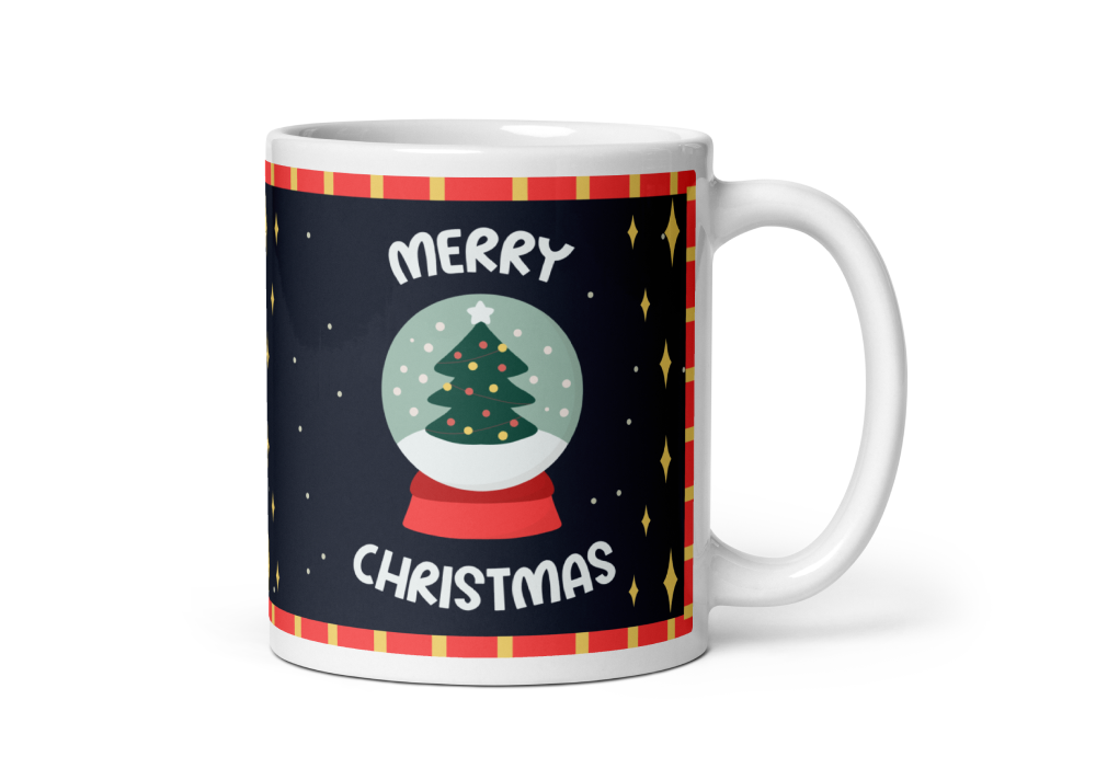 white mug with Merry christmas engraved on it and christmas tree