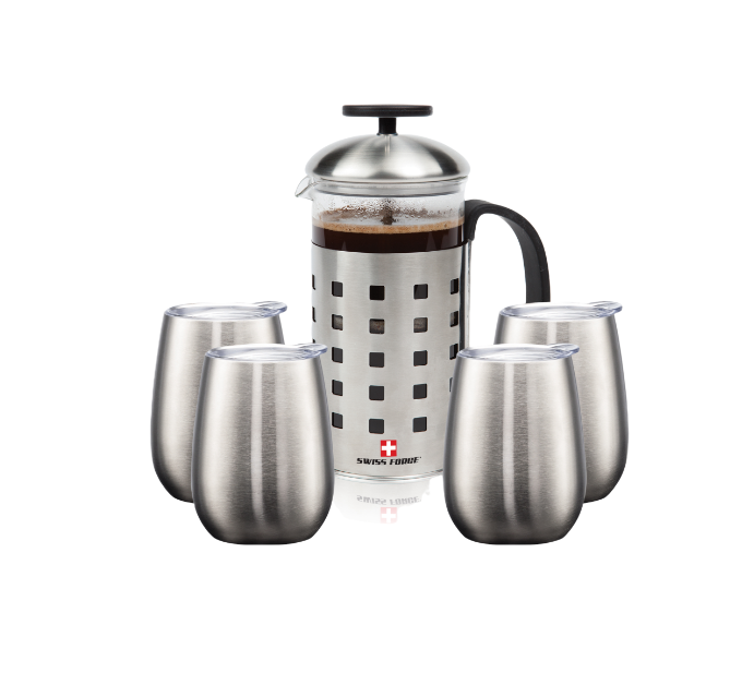 coffee press and 3 glass