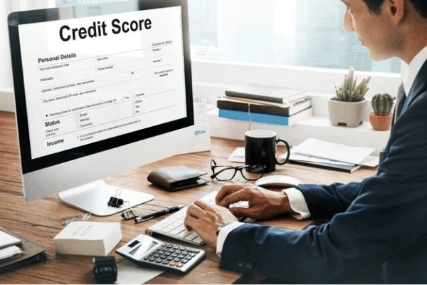 Man looking at credit score on computer screen