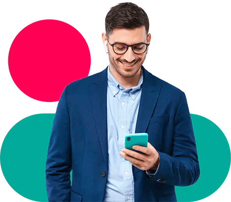 Man wearing earbuds using the phone smiling