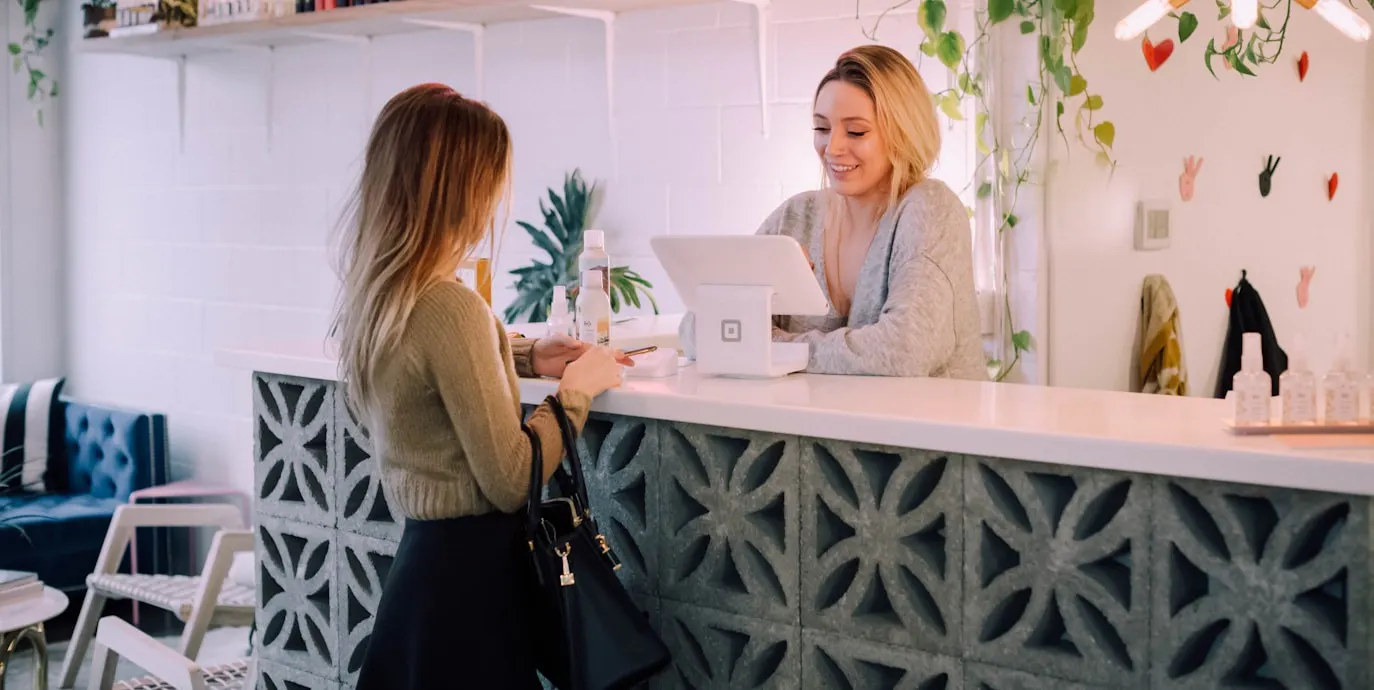 Woman facing on white counter